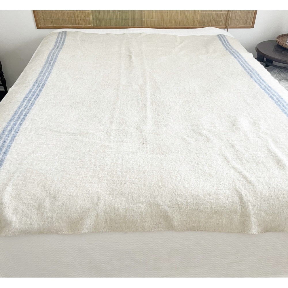 Vintage Wool Blanket Blue Stripe Extra Thick Military Style